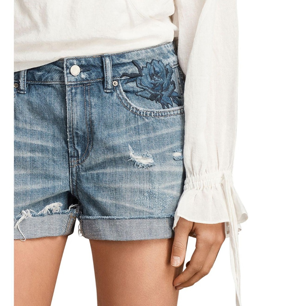 All Saints Pam Rose Embroidered Denim Short